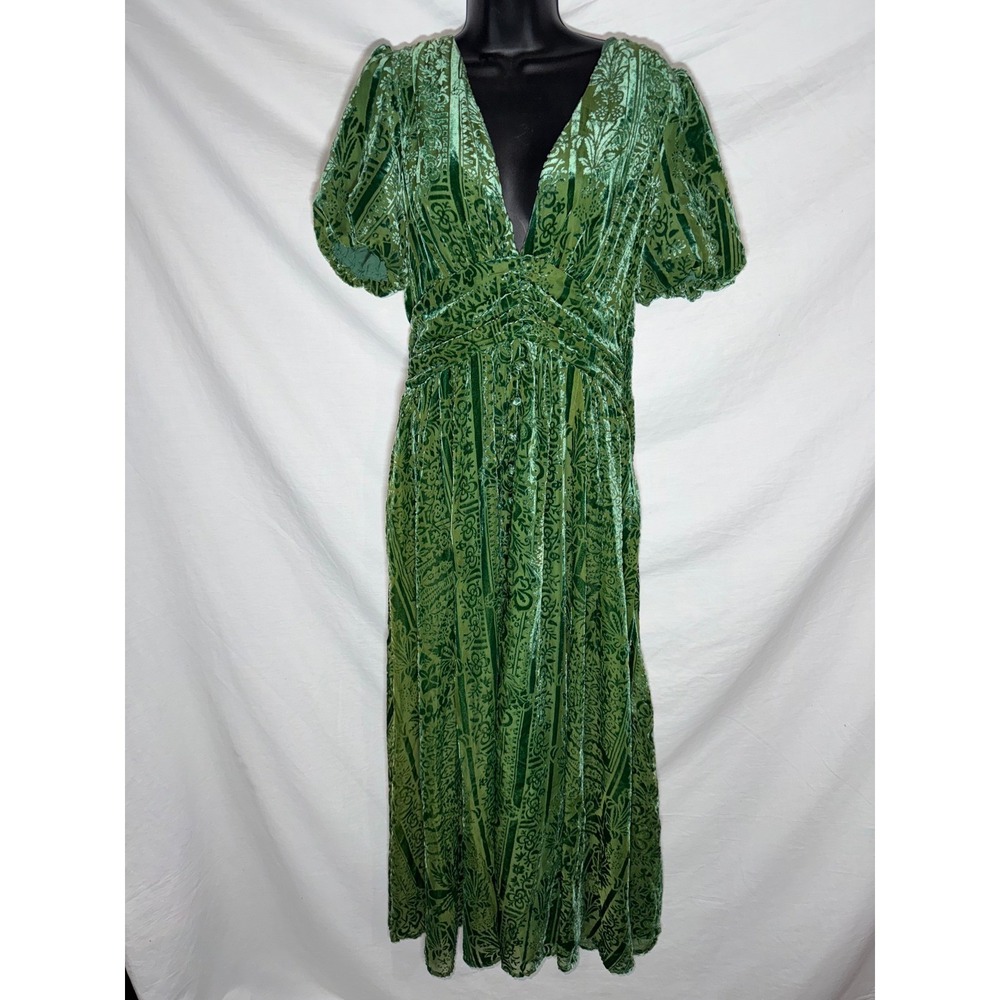 Anthropologie Green Burnout Velvet Maxi Dress Boho Puff Sleeve Damask US 6